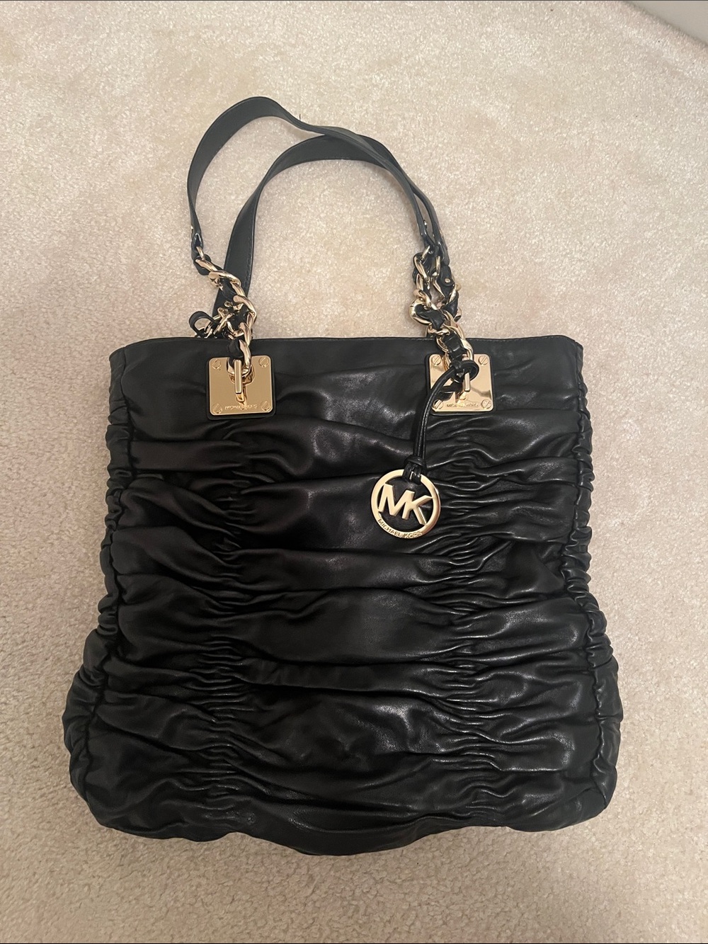 Michael Michael Kors Black Ruched Leather Shoulder Bag with Gold Accents